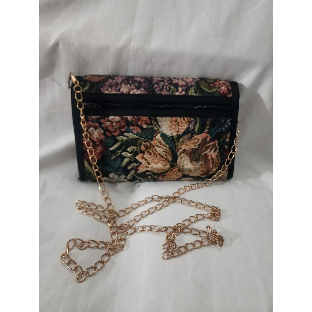 Danny K Beverly Hills Floral Tapestry Wallet Crossbody Bag Gold Chain Strap